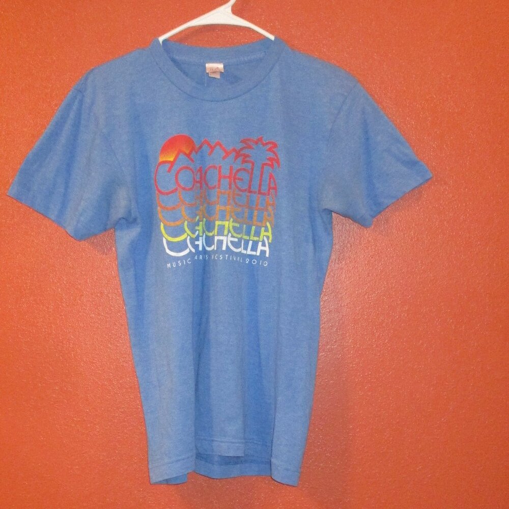 Coachella Shirt 2010 Woman Small Blue Yellow Red Double Sided Short Sleeve Shirt